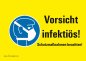Preview: Warnaufkleber "Vorsicht infektiös!Schutzmaßnahmen..."Hinweisschild gelb 10,5x7cm