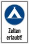 Preview: Aufkleber Hinweistafel „Zelten“ Warnung Gebot Etikett | Variante wählbar