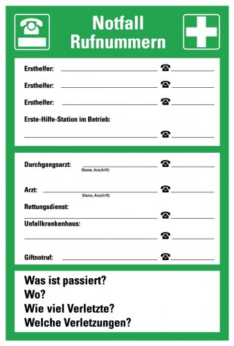 Aufkleber Hinweis „Notfallkennzeichnung Notfall Rufnummern“ Etikett | 20x30 cm