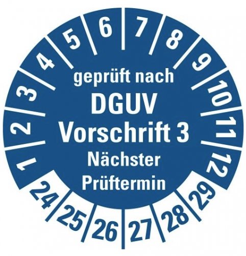 100x Prüfplakette „geprüft DGUV Vorschrift 3 Nächster Prüft. 24-29“, blau Ø15-40mm