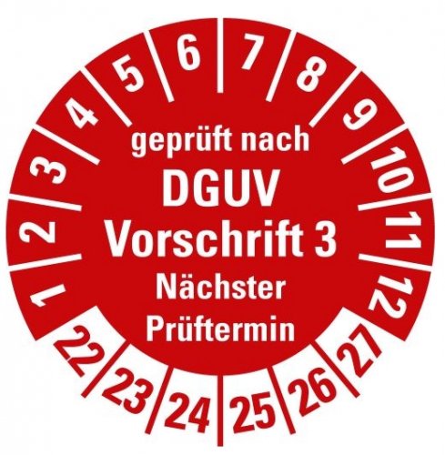 100x Prüfplakette „geprüft DGUV Vorschrift 3 Nächster Prüft. 22-27“, rot Ø15-40mm