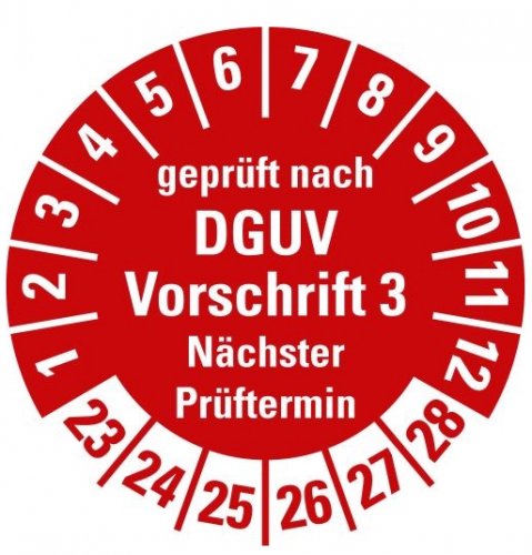 100x Prüfplakette „geprüft DGUV Vorschrift 3 Nächster Prüft. 23-28“, rot Ø15-40mm