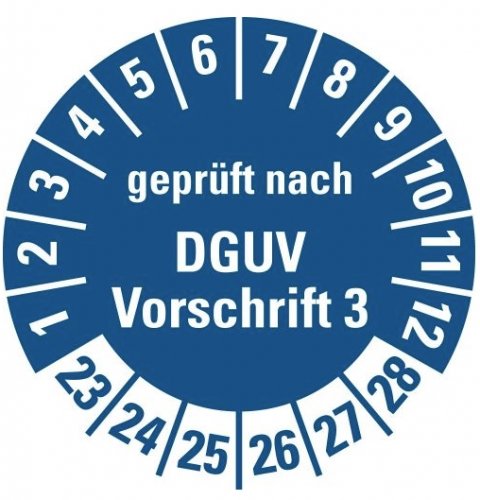100x Prüfplakette „geprüft nach DGUV Vorschrift 3 | 23-28“ Folie blau Ø15-40mm