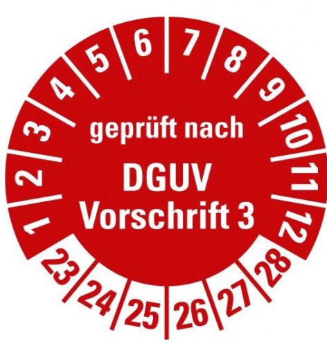 100x Prüfplakette „geprüft nach DGUV Vorschrift 3 | 23-28“ Folie, rot | Ø15-40mm