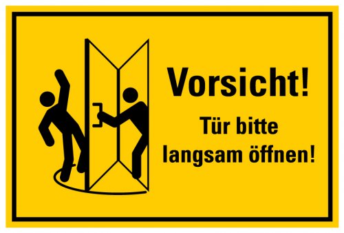 Aufkleber Warnung „Vorsicht! Tür bitte langsam öffnen!“ Hinweis Etikett | Größe wählbar