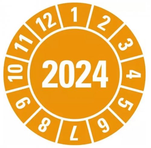 25 Stück – Jahresprüfplakette „2024" Etikett Folie Aufkleber, orange | Ø15-40mm
