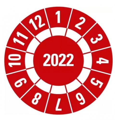 25 Stück – Jahresprüfplakette „2022" mit frei Feld zum Markieren, rot | Ø15-40mm