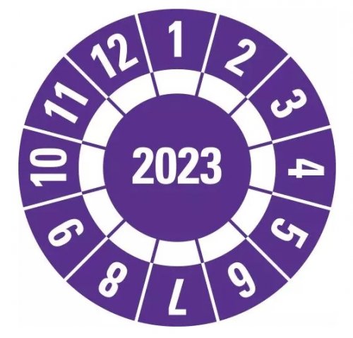 25x Jahresprüfplakette „2023" mit frei Feld zum Markieren, violett | Ø15-40mm