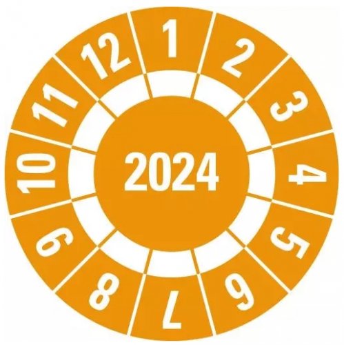 25x Jahresprüfplakette „2024" mit frei Feld zum Markieren, orange | Ø15-40mm