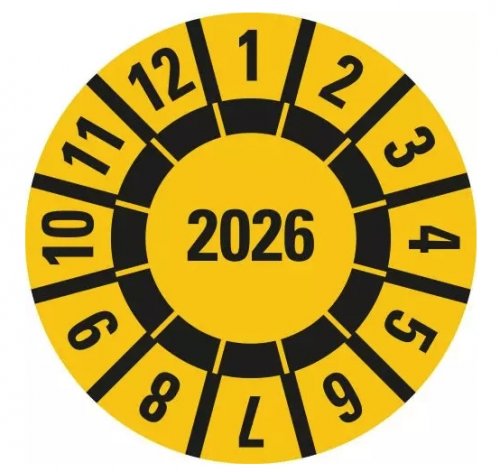 25x Jahresprüfplakette „2026" mit frei Feld zum Markieren, gelb/sw | Ø15-40mm