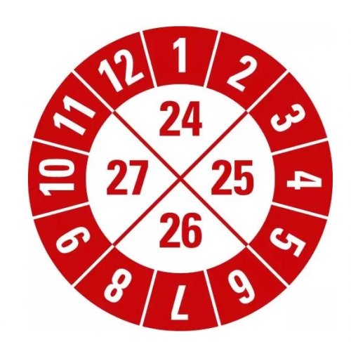 25 Stück – Jahresprüfplakette „24-27" Etikett Folie Aufkleber, rot | Ø15-40mm
