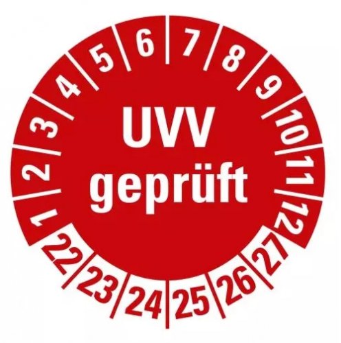 100x Prüfplakette „UVV geprüft | 22-27“ Etikett Folie Aufkleber, rot | Ø15-40mm