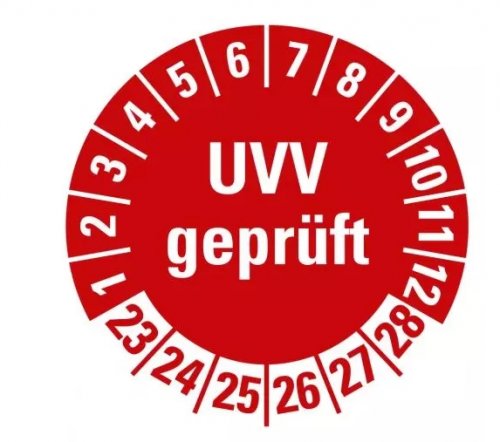 100x Prüfplakette „UVV geprüft | 23-28“ Etikett Folie Aufkleber, rot | Ø15-40mm