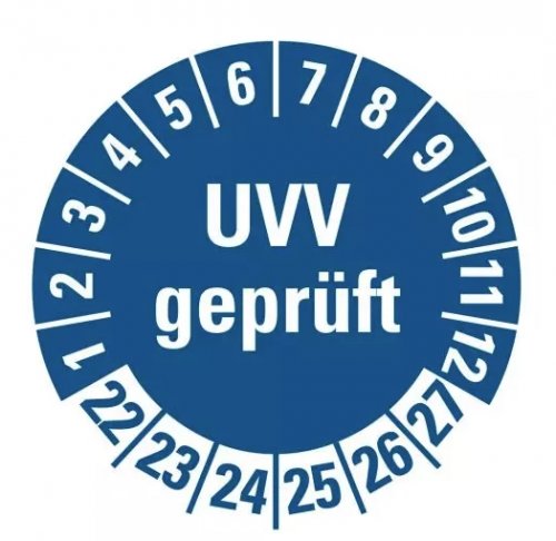 100x Prüfplakette „UVV geprüft | 22-27“ Etikett Folie Aufkleber, blau | Ø15-40mm