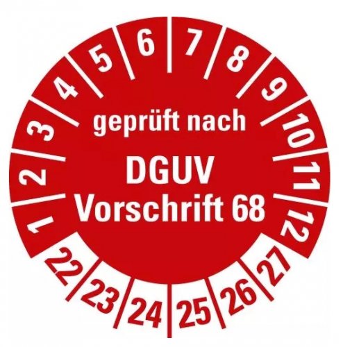 100x Prüfplakette „DGUV geprüft n. Vorschrift 68 | 22-27“ Folie, rot | Ø15-40mm