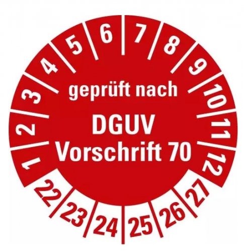 100x Prüfplakette „DGUV geprüft n. Vorschrift 70 | 22-27“ Folie, rot | Ø15-40mm