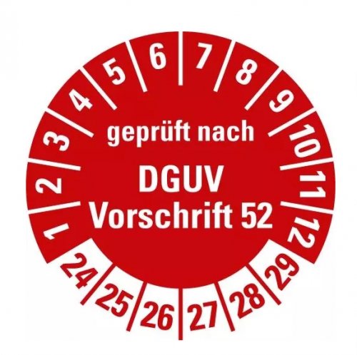 100x Prüfplakette „DGUV geprüft n. Vorschrift 52 | 24-29“ Folie, rot | Ø15-40mm