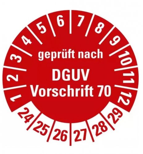 100x Prüfplakette „DGUV geprüft n. Vorschrift 70 | 24-29“ Folie, rot | Ø15-40mm