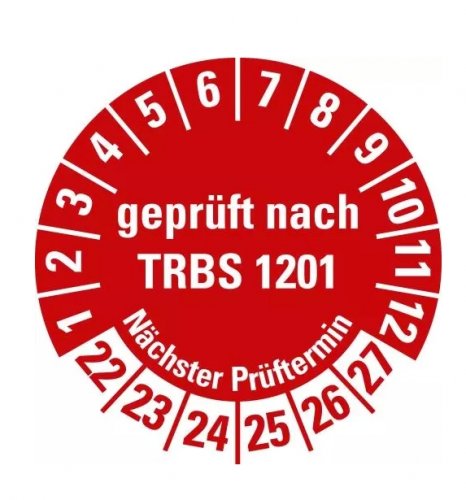 100x Prüfplakette „geprüft TRBS 1201 Nächster PT. | 22-27“ Folie, rot | Ø15-40mm