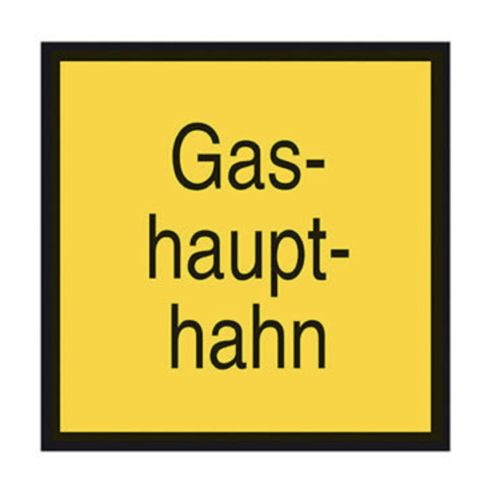 Schild Aufkleber Gashaupthahn Gasleitung Folie selbstklebend gelb 200x200 mm