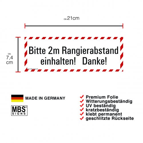 Aufkleber "2m Rangierabstand!" Hinweisschild Warnaufkleber Warnhinweis 21x7,4cm