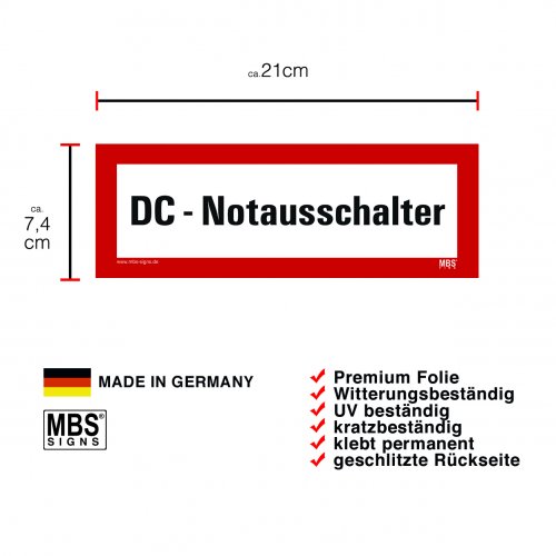 Aufkleber "DC-Notausschalter" Hinweisschild Warnaufkleber Warnhinweis 21x7,4cm