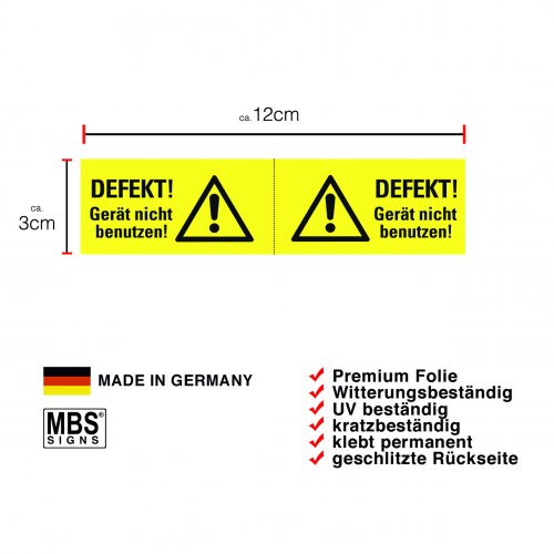 Aufkleber "DEFEKT! Gerät nicht benutzen! Hinweisschild Warnaufkleber gelb 12x3cm