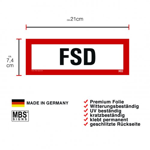Aufkleber "FSD" Feuerwehr-Schlüssel-Depot Hinweisschild Warnschild 21x7,4cm