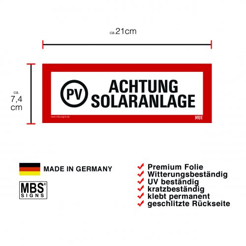 Warnaufkleber Schild "PV ACHTUNG SOLARANLAGE" Hinweisschild Warnhinweis 21x7,4cm