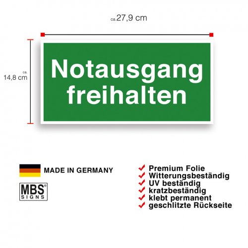 Fluchtweg Notausgang Schild Aufkleber "Notausgang freihalten" ISO 7010 279x148mm