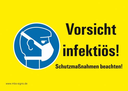 Warnaufkleber "Vorsicht infektiös!Schutzmaßnahmen..."Hinweisschild gelb 20x11cm