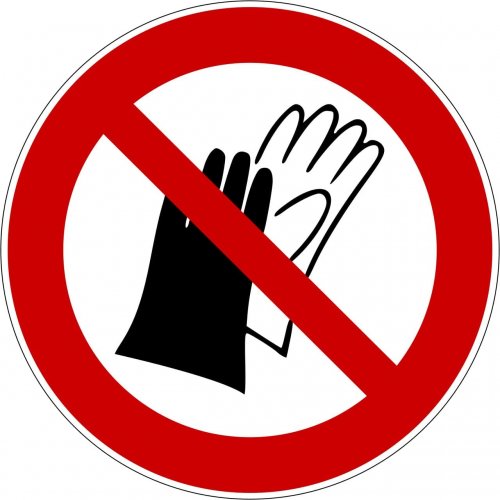 XXL Aufkleber Verbot "Benutzen von Handschuhen verboten" ISO 7010 Ø40-60cm rot