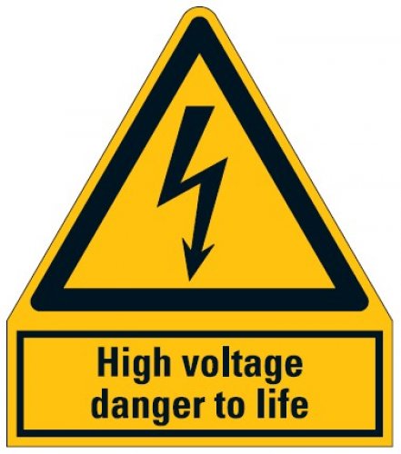 Warnaufkleber "High voltage Warning danger to life!" 37x74/52x105/74x148mm 