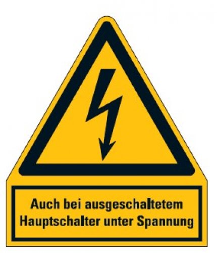 Aufkleber „Auch bei augeschaltetem Hauptschalter..“ ISO 7010, signalgelb | 21x24,5 cm