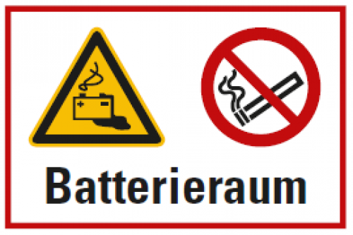 Aufkleber "Batterieraum" Warnung Verbot Rauchen verboten ISO 7010 Schild 20x30cm