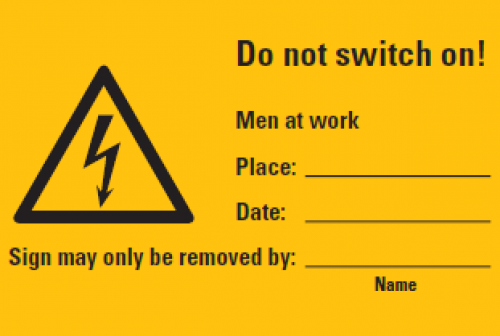 Aufkleber "Do not switch on!" Beschriftbar ISO 7010 Schild 20x30cm, signalgelb