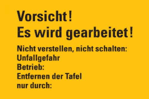 Aufkleber „Vorsicht! Es wird gearbeitet!“ Etikett ISO 7010, signalgelb | 20x12 cm