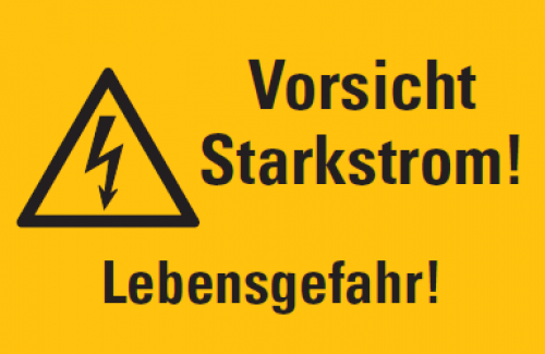 Warnaufkleber „Vorsicht Starkstrom! Lebensgefahr“ Schild ISO 7010, signalgelb | 20x30 cm