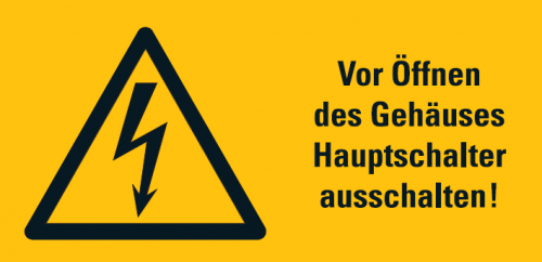 Warnaufkleber „Vor Öffnen des Gehäuses Hauptschalter aus..“ Etikett | Größe wählbar