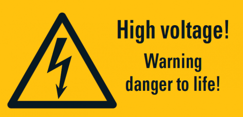 Warnaufkleber "High voltage! Warning danger to life!" 37x74/52x105/74x148mm