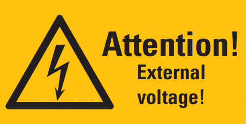 Warnaufkleber "Attention! External Voltage!" Schild Folie 37x74/52x105/74x148mm