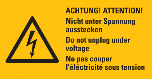 Warnaufkleber "ACHTUNG! ATTENTION! Nicht unter Spannung.." 37x74/52x105/74x148mm