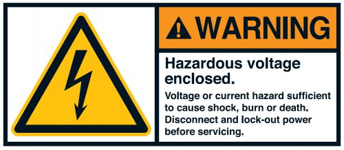 Warnaufkleber "WARNING Hazardous voltage enclosed." engl. 35x80/45x100/70x160mm