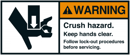 Warnaufkleber "WARNING Crush hazard. Keep hands clear.." 35x80/45x100/70x160mm