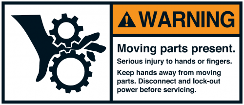 Warnaufkleber "WARNING Moving parts present. Serious.." 35x80/45x100/70x160mm