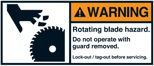 Warnaufkleber"WARNING Rotating blade hazard. Do not oper.."35x80/45x100/70x160mm