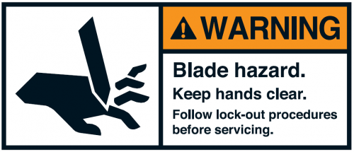 Warnaufkleber"WARNING Blade hazard. Keep hands clear..Fo.."35x80/45x100/70x160mm