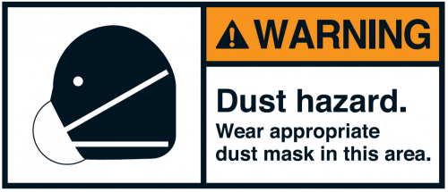Warnaufkleber "WARNING Dust hazard. Wear appropriate.." 35x80/45x100/70x160mm