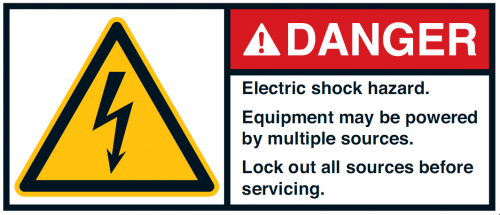 Warnaufkleber "DANGER Electric shock hazard. Equipment.." 35x80/45x100/70x160mm