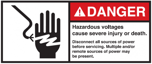 Warnaufkleber"DANGER Hazardous voltages cause severe inj.."35x80/45x100/70x160mm